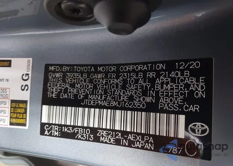 2021 Toyota Corolla Le from USA, damaged, VIN JTDEPMAE8MJ162350